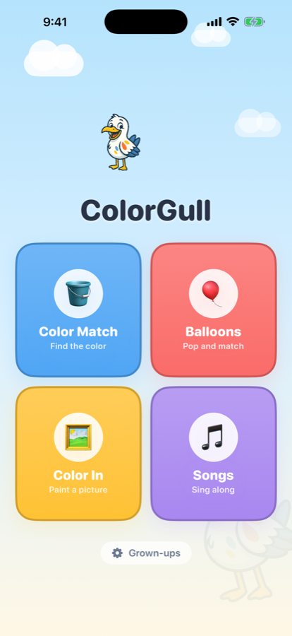 The ColorGull home screen with four colorful mode cards