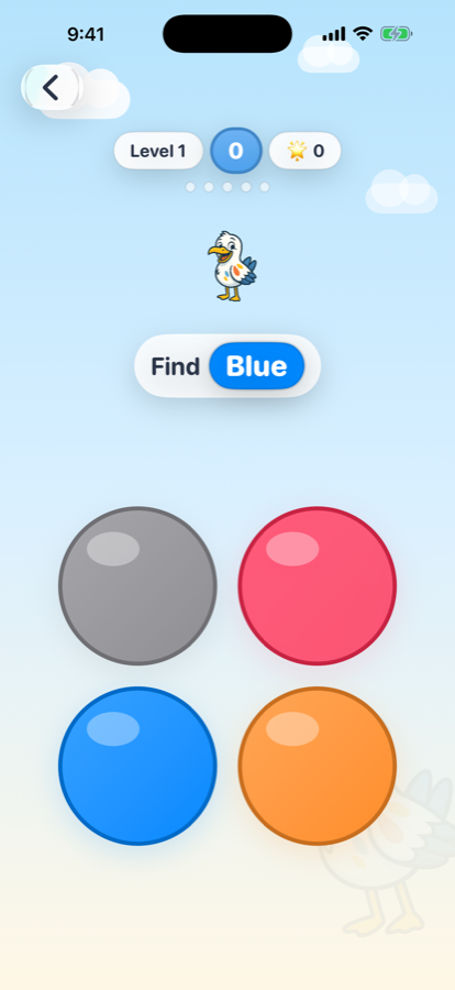 Color Match asking the child to find purple, with four colored circles to tap