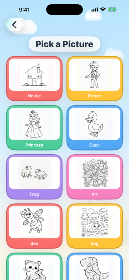 A grid of coloring pages including a house, a prince, a princess and a duck