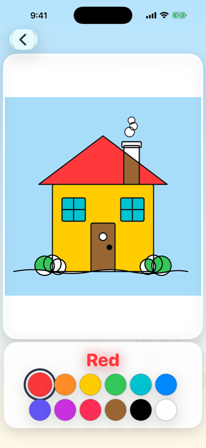 A house coloring page partly filled in with a red roof and yellow walls