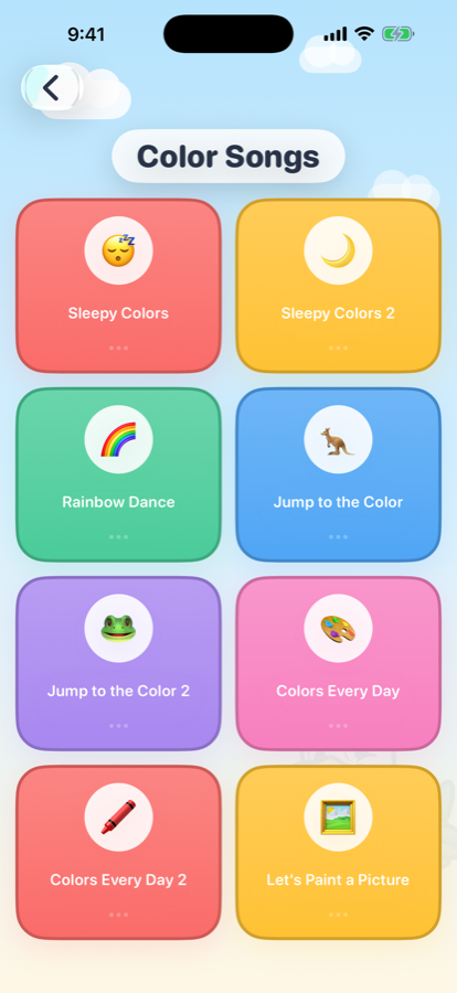 The song list with eight colorful song cards