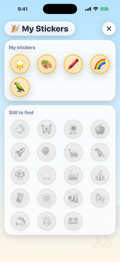 The sticker gallery showing earned stickers and locked ones still to find